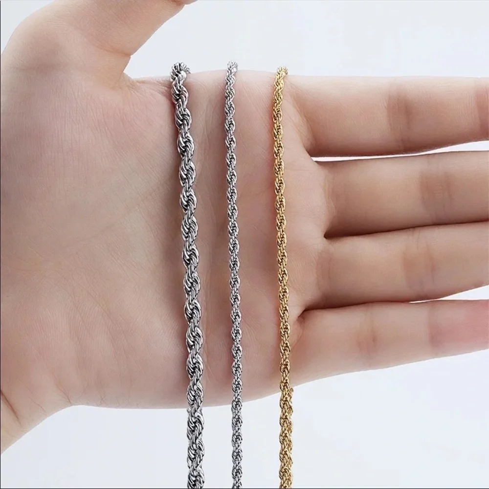 14K gold plated stainless steel twisted rope necklace 24 inches, 3mm